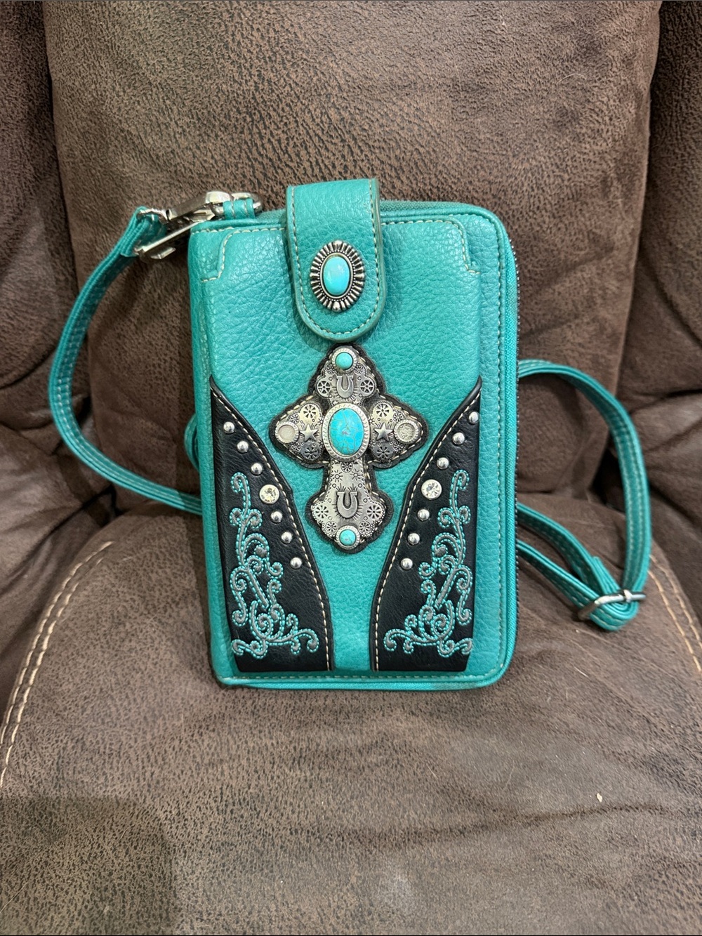 Turquoise Embellished Crossbody Phone Bag